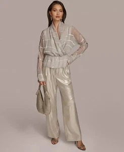 Donna Karan Burnout Chiffon Blouse Metallic Wide Leg Pants - Silver - 10 - Picture 1 of 2