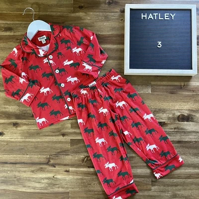 Conjunto de pijama Hatley Holiday botão para baixo alce verde vermelho manga longa 3  - Imagem 1 de 4