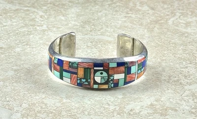 Brazalete Frank Yellowhorse Navajo Nativo Americano Plata Esterlina Incrustación 91g Foto 1 de 4