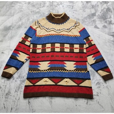 复古 Lizsport 毛衣女式 S 几何西南模拟颈部束腰外衣木质串珠 — 第 1/4 张图片
