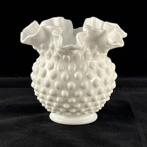 Vintage Fenton Hobnail White Milk Glass Ruffle Edge Bowl Vase 4.5” Tall - Picture 1 of 3