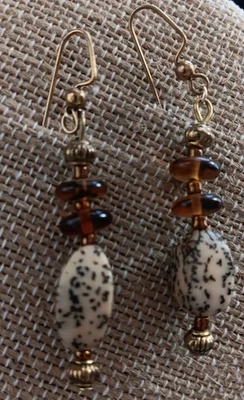 Cream & Amber Color  Stone & Glass On Gold Tone, Dangle Earrings, 2" - Image 1 of 4