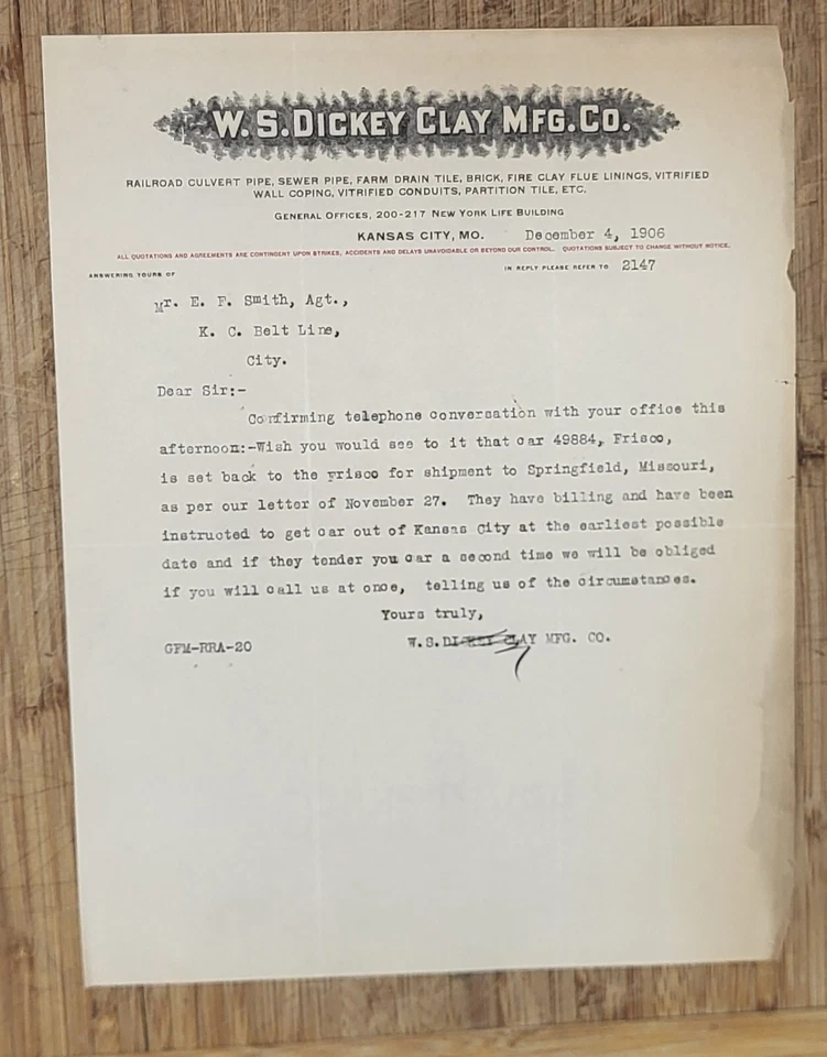 Dec 4 1906 Letterhead Kansas City WS Dickey Clay Manufacturing Railroad - Image 1 of 1