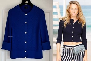 $2700 19C LA PAUSA CHANEL BLUE PEARL BUTTON CARDIGAN CC LOGO SWEATER 42 - Picture 1 of 13