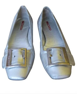 Prada Ballet Flats Silver Leather- Women Shoes Size Marked as 37 - Picture 1 of 5