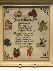 Completed cross stitch "Grandma's Vegetable Soup" Recipe Kitchen 11x13 Framed - Picture 1 of 8