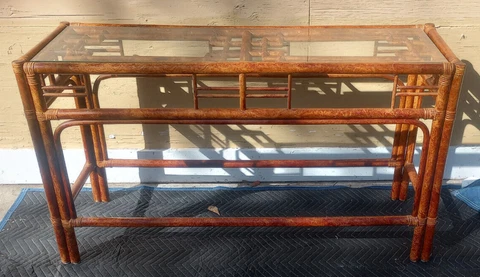 Vintage Mid Century Tortoise Bamboo Console Table Glass Top Cover