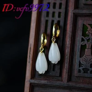 Boucles d'oreilles fleurs plaqué or 18 carats blanc jade naturel véritable bijou vintage - Photo 1/7