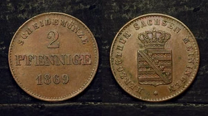 Saxe - Meiningen . 2 pfennigs, 1869, AU , luster , Germany, 20 mm. copper - Picture 1 of 1