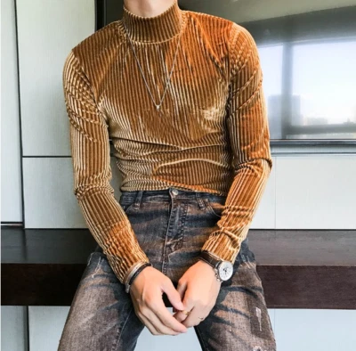 Men Velvet Turtleneck Long Sleeve Slim Fit Nightclub Base Casual Shirt Tops  - Image 1 of 4