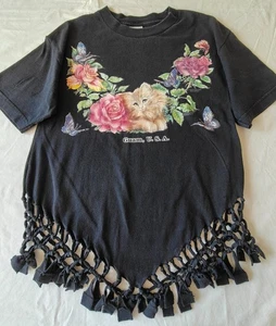 Guam USA Mujer Vintage Camiseta Negra, Estampado Gato y Flores, Talla S-M - Imagen 1 de 21