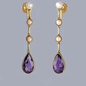 Antique Amethyst & Pearl Drop Earrings 15ct Gold Elegant Victorian Design c.1890 - Picture 1 of 6