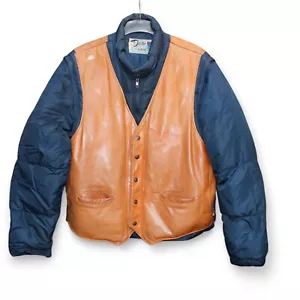 Schott NYC Vintage Daunen Puffer Lederjacke Weste blau hellbraun 46 80er - Bild 1 von 19