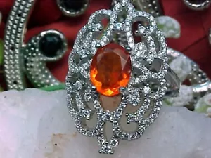 🔥NATURAL MEXICAN FIRE OPAL RING AAA++ 10x8mm & WHITE SAPP 925 SS/14K WHITE GOLD - Picture 1 of 6