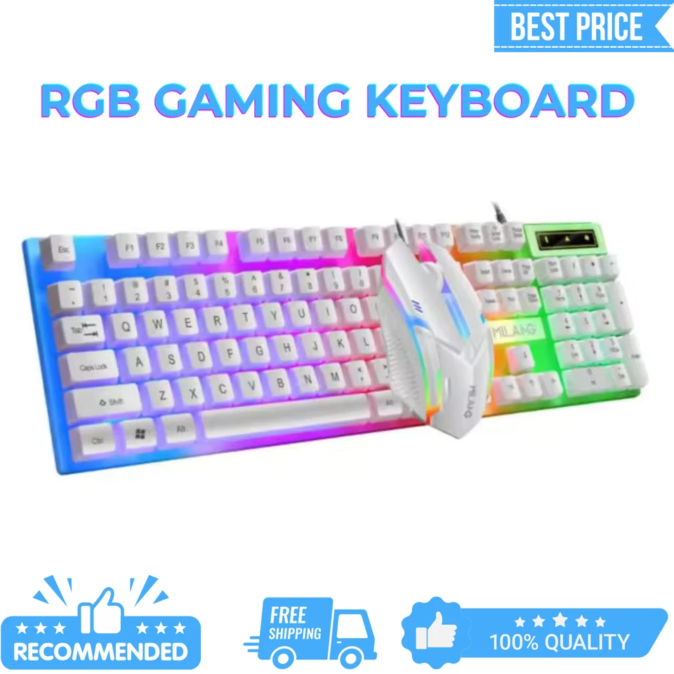 Rainbow RGB Backlit Wired Keyboard and Mouse Combo Comfortable and Waterproof - Image 1 of 4