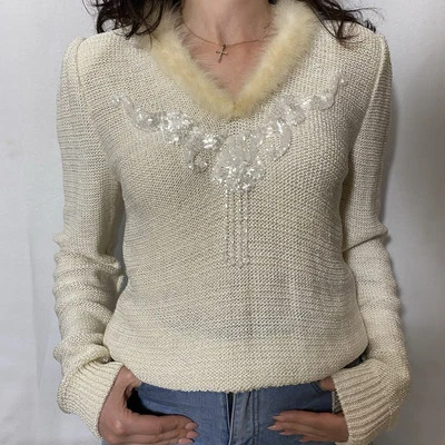 De colección J.D. Suéter Boutique Cuentas Talla M/L Cuello de Piel Perla Marfil Balletcore Único Foto 1 de 4