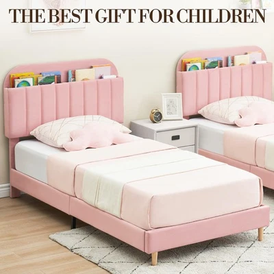 Twin Bed Frame with Storage Headboard, Velvet Upholstered Platform Bed for Kids - Image 1 of 4