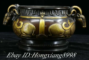 11.8" Daming Marked Tibet Purple Bronze Gold Sheep Head Incense Burner Censer - Picture 1 of 11