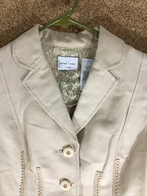 Chaqueta Emma James Petite para mujer talla 6 botones delanteros lino tostado/rayón Foto 1 de 4