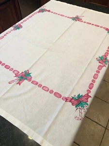 Vintage White Pink Green Candy Canes with Bow Square Table Cloth Decor 50” x 51” - Picture 1 of 11
