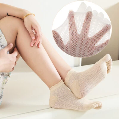 3 Pairs Ladies Girls Toe Socks Five Fingers Hollow Out Solid Ankle Socks Comfort - Image 1 of 4