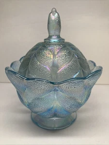 LE Smith Blue Iridescent Glass Cabbage Leaf Candy Dish with Lid - Picture 1 of 12