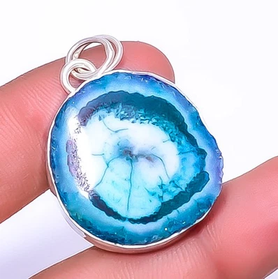 Marine Blue Solar Quartz Eye 925 Sterling Silver Pendant 1.37" P7314-30 - Image 1 of 4