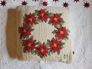 Chandler 4 Corners Poinsettia Wreath 16" Square Wool Hooked Christmas Pillow - Picture 1 of 3