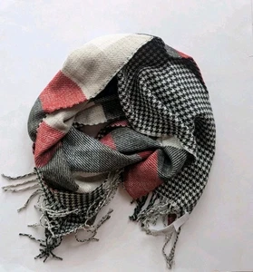 Pottery Barn Whittaker Plaid/Houndstooth Reversible Scarf Fringe 14"X70" - Picture 1 of 5