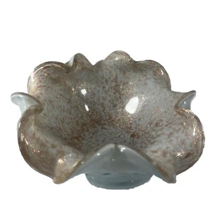 Decorative Glass Ruffled Bowl White Gold Speckle 6” - Picture 1 of 12