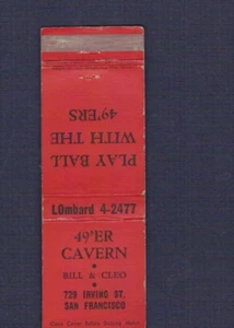 RARE 49'ER CAVERN football matchbook matchcover SAN FRANCISCO 49ERS FB cover - Picture 1 of 1