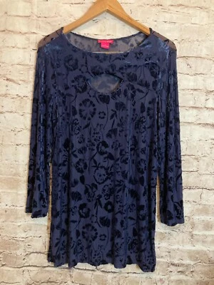 Sunny Leigh Top Womens Medium Navy Blue Velvet Burnout Semi Sheer Floral Cutout - Image 1 of 4