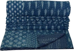 INDIGO BLUE PATCHWORK KANTHA QUILT INDIAN BEDSPREAD BLANKET REVERSIBLE THROW - Picture 1 of 5