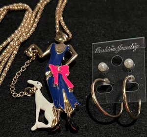 Art Deco Gatsby Woman w dog Pendant Brooch/Necklace + Pearl /Hoop Earrings 3x1 - Picture 1 of 8