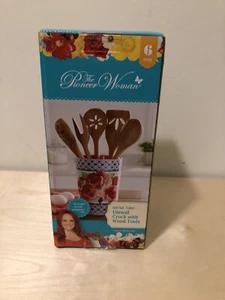 THE PIONEER WOMAN Heritage Floral UTENSIL CROCK With Wood Tools 6 Pieces! - Picture 1 of 3