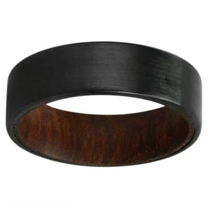 8mm Black Tungsten Carbide Ring Wedding Band Men with Brown Wood Brush Top - Picture 1 of 9
