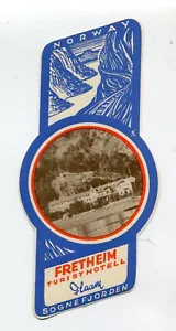Etiqueta de equipaje de hotel vintage FRETHEIM TURISTHOTELL Flam Sognefjorden Noruega - Imagen 1 de 2
