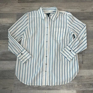 Talbots White Blue Stripe Long Sleeve Button Down Size Large Petite Q33 - Picture 1 of 6