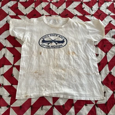 Vintage 1950s Rifle River Area T Shirt Mens As Is White Distressed Velva Sheen - Image 1 of 4