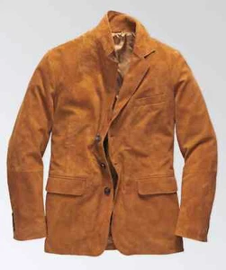 Brown Leather Blazer Men Pure Suede Coat Jacket 2 Button Size S M L XL XXL - Picture 1 of 7