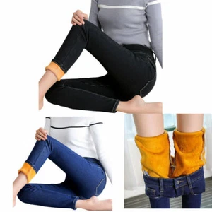 Women's Girls Slim Skinny Fleece-lined Jeans Stretch Pencil Denim Pants Trousers - Picture 1 of 14