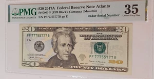 77755777 RADAR BOOKEND $20 Federal Reserve Note 2017A Fr# 7001-F (PFB BLOCK) - Picture 1 of 2