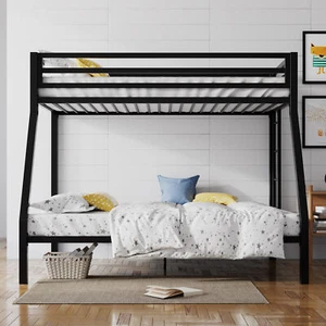 Heavy Duty Metal Bunk Bed Frame Twin Over Full Size with Removable Stairs, Black - Picture 1 of 8
