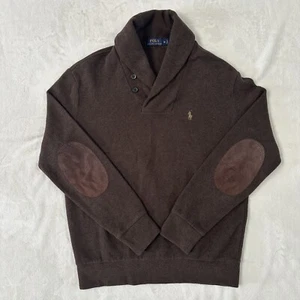 Polo Ralph Lauren Brown Shawl Neck Sweater Suede Elbow Patch Size M Vintage - Picture 1 of 7