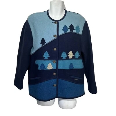Geiger Austria Wool Cardigan Jacket Blue Pine Tree Appliqué Winter Size 38 - Image 1 of 4