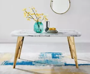 ANDRIA White Marble Effect & Gold Leg Rectangular 6 Seater Kitchen Dining Table - Picture 1 of 7