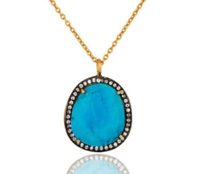 Fancy Gemstone Necklace Gold Plated Box Chain Necklace In Turquoise & CZ Zircon - Image 1 of 4