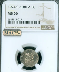 1974 SOUTH AFRICA 5 CENTS FOUCHE NGC MS66 PQ MAC SPOTLESS * - Picture 1 of 2