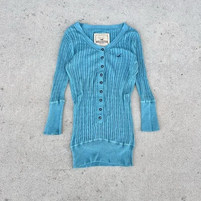 Vintage Y2K Hollister 3/4 Sleeve Blue Henley Top Babydoll Medium 13x23 Ribbed - Image 1 of 4