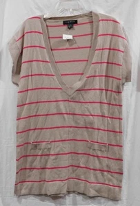 NWT-Ms. S/S Striped Deep V-Neck Tunic Sweater from August Silk -Beige/Pink-Sz L - Picture 1 of 2